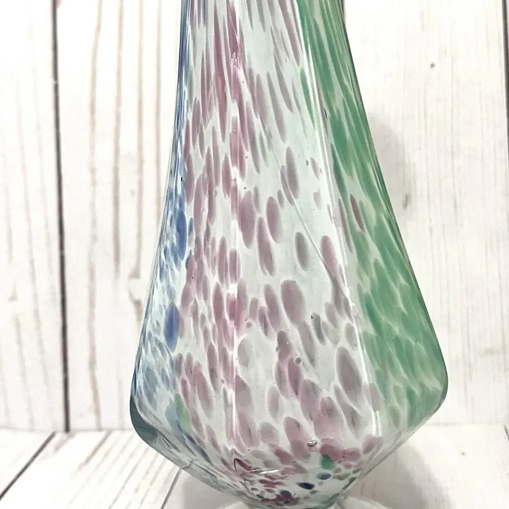 Lavorazione Murano Glass Bud Vase Fluted Twisted-Stem Blue Green Pink Speckled
